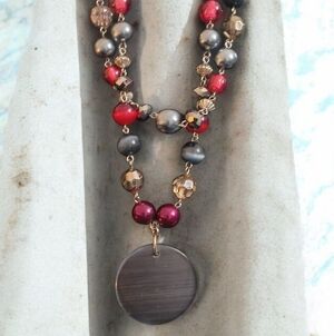 Boho Beaded Necklace with Brushed Gray Round Pendant